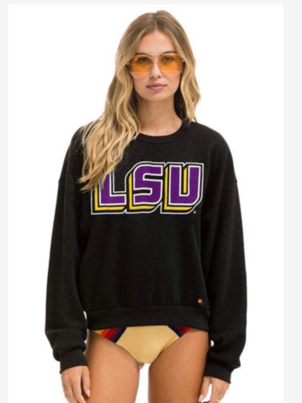 Aviator Nation Black Crewneck Sweatshirt with LSU Graphic in Purple & Gold
